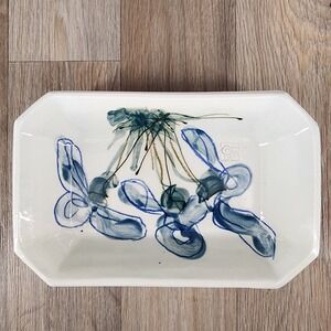Vintage Jim Reno Signed Handmade Ceramic Rectangular Dish Blue Floral‎ Design